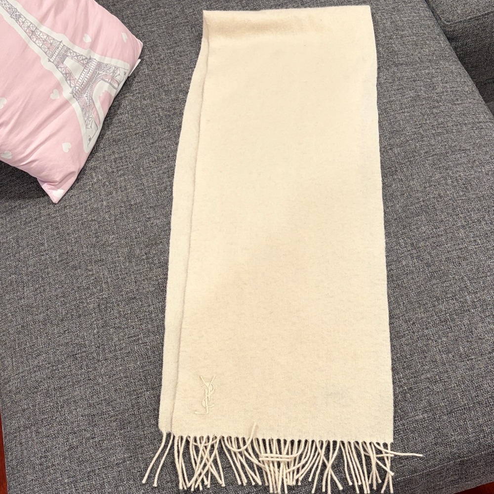 Yves Saint Laurent Cream Fringe Wool Scarf
